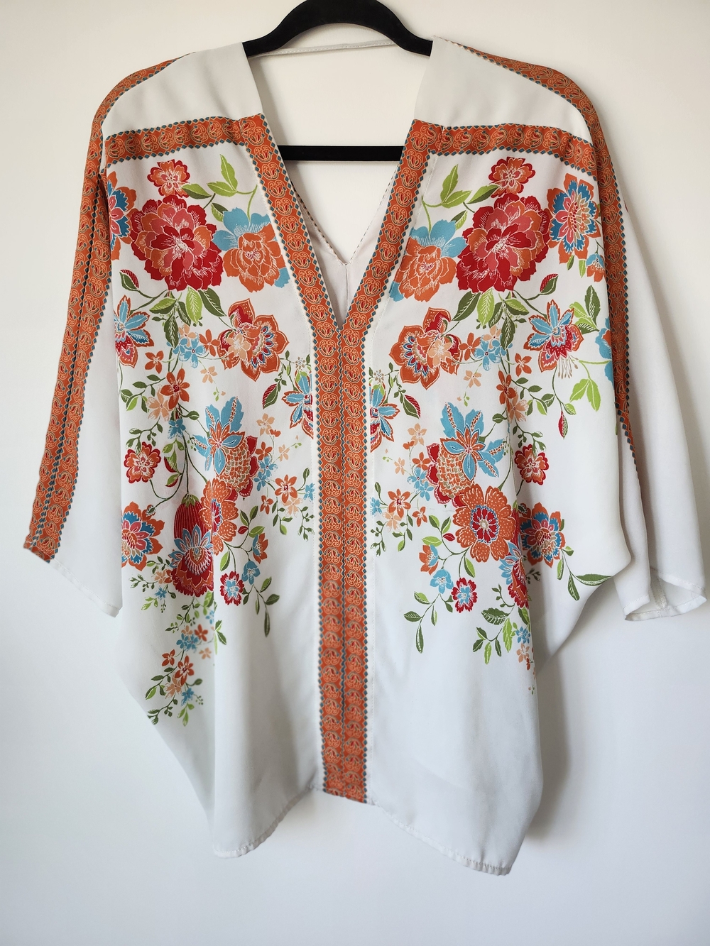 Rose & Olive White Floral Kimono Top with Orange Trim and Multicolor Blooms - Picture 2 of 8